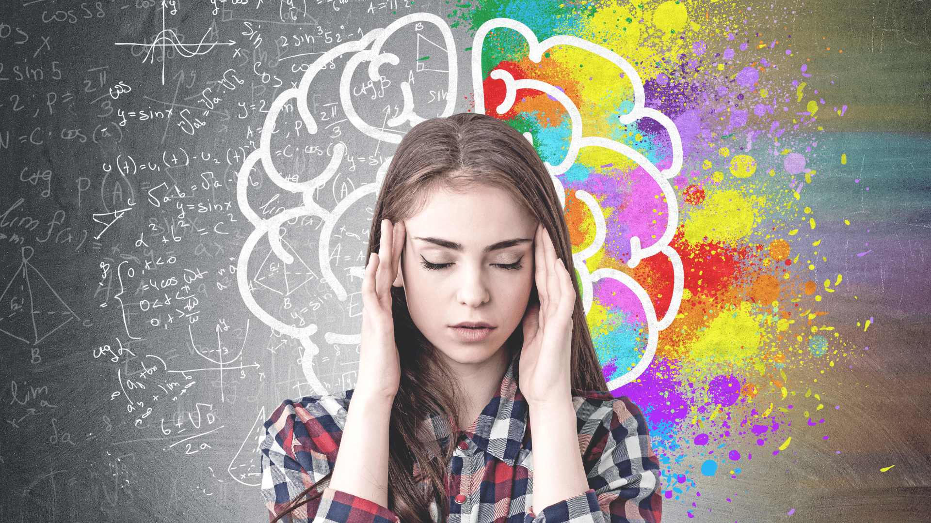 A woman holding her head stood infront of a picture of a brain