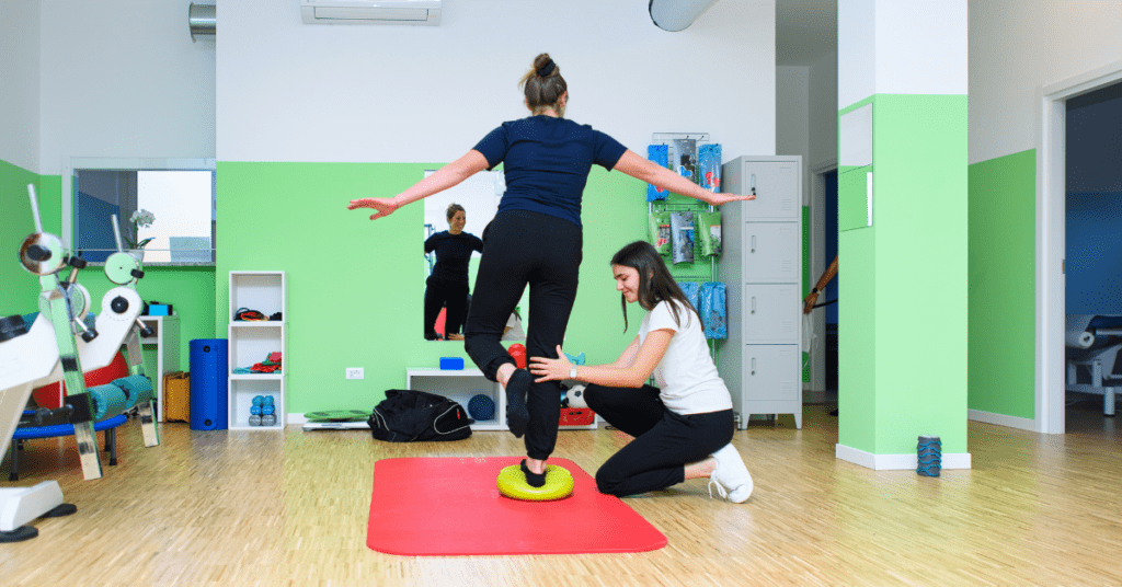 a woman on a wobble board