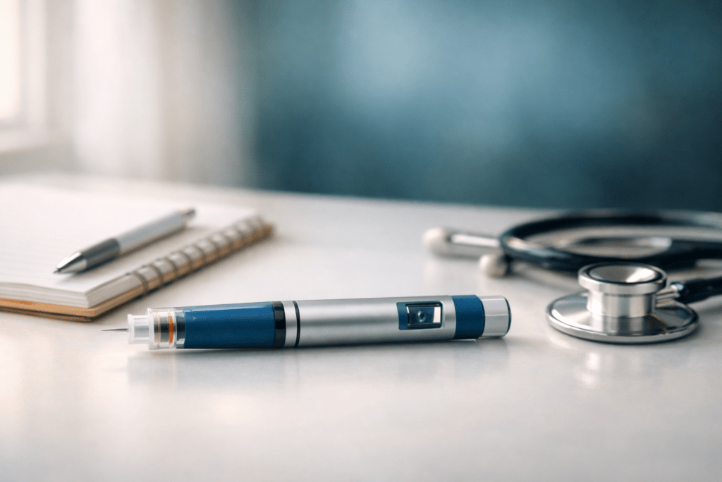 Medical injection pen device on a clean surface with notepad and stethoscope, representing GLP-1 medication for chronic pain management