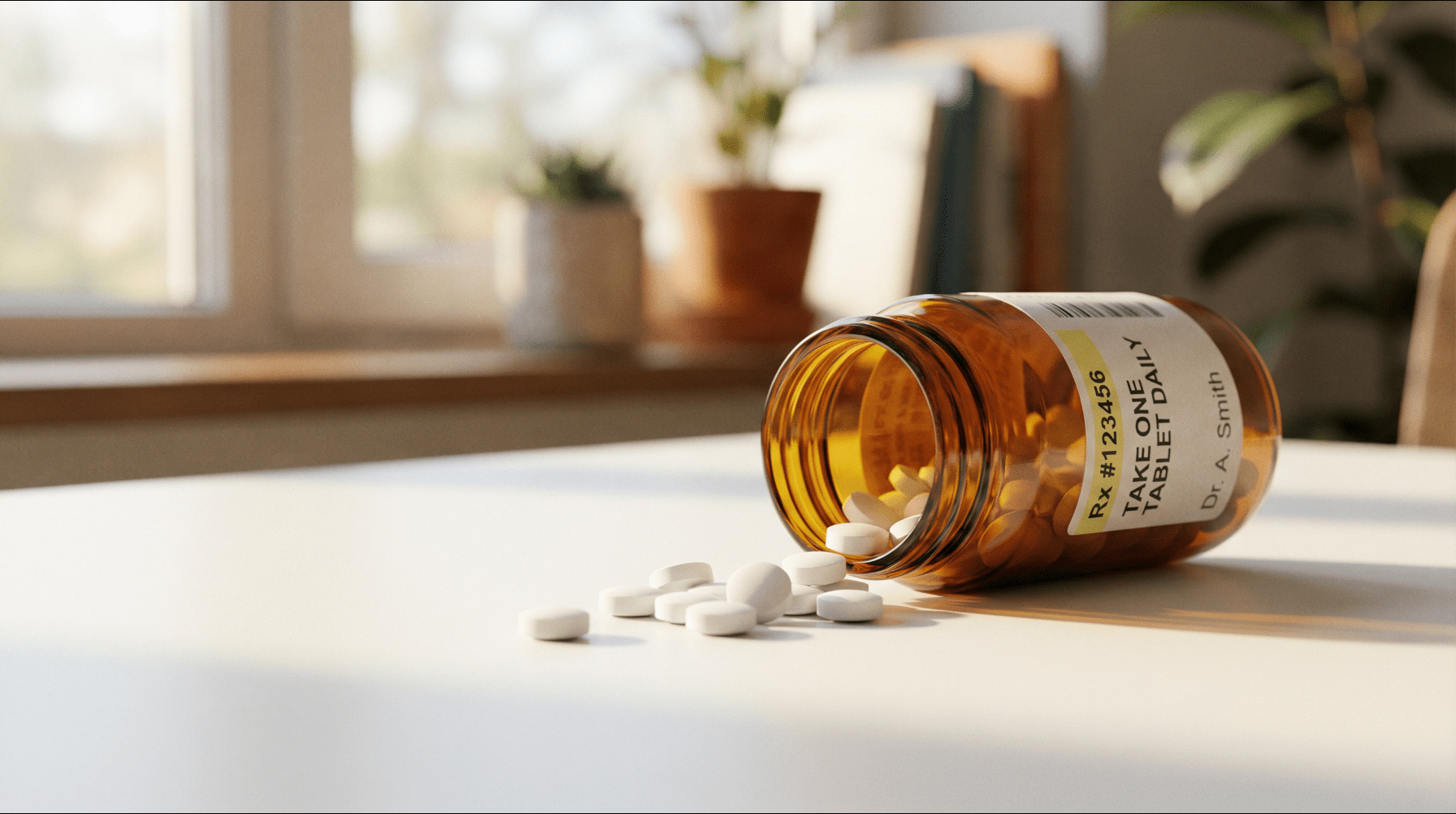 Prescription medication tablets spilling from an amber bottle onto a white surface, representing TONMYA cyclobenzaprine for fibromyalgia treatment