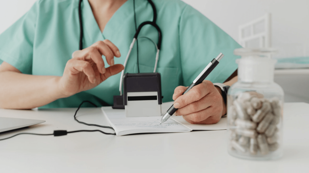 A clinician in green scrubs with a stethoscope round the neck, writing on a prescription pad beside a rubber stamp and a glass jar of white capsules