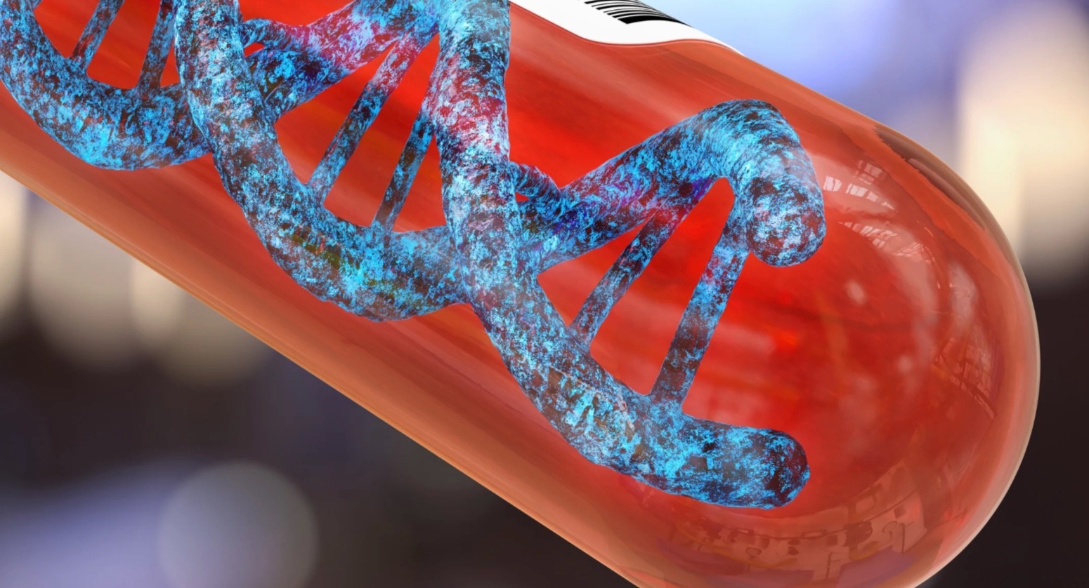 DNA strand inside a blood sample tube, representing genetic research into fibromyalgia