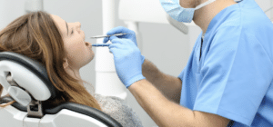 A woman in a dentist chair